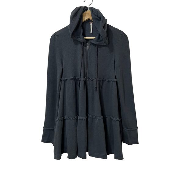 Free People Gray Trapeze Tiered Full Zip Hoodie Sweatshirt XS - Picture 2 of 7